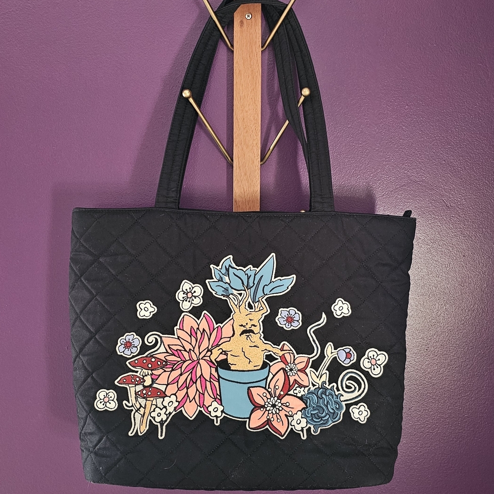 Black Quilted Tote Bag with Floral Design